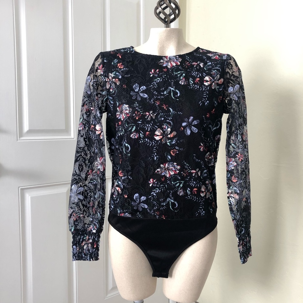 Black Lace Floral Print Bodysuit Long Sleeve